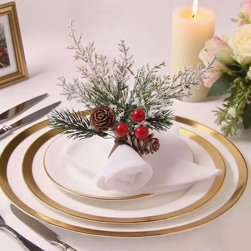 6pcs Christmas Table Decorations Napkin Rings, Cedar Pine Cones with Red Berries, Holiday Party Tableware Accessories for Xmas Dinner4