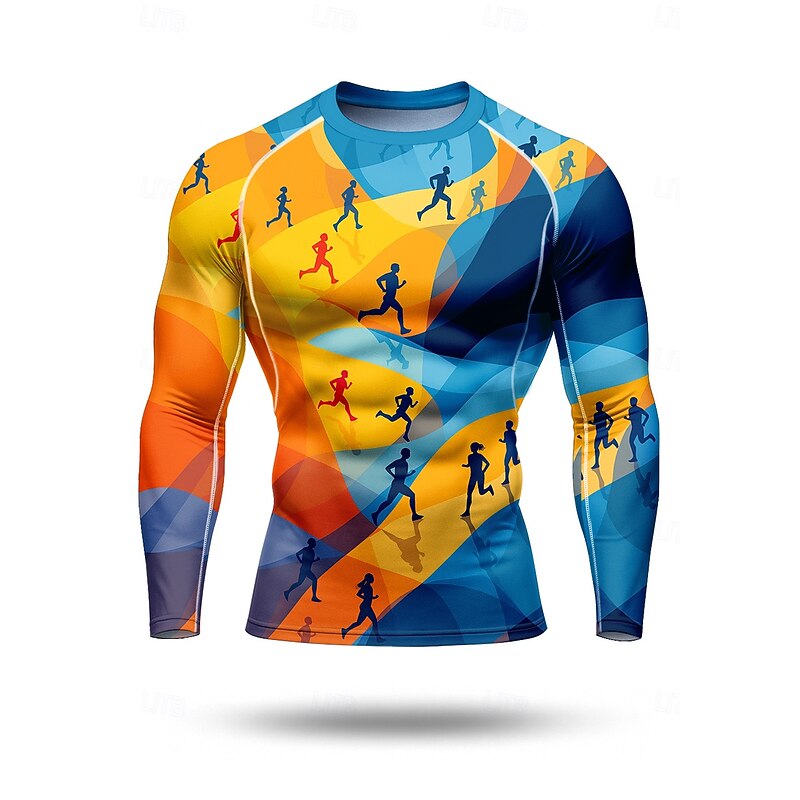 Men's Compression Shirt Running Top Running Shirt 3D Print Long Sleeve Shirt Geometric Quick Dry Compression Power Flex Moisture Wicking Gym Workout Active Training Exercise Sportswear Activewear Blue3