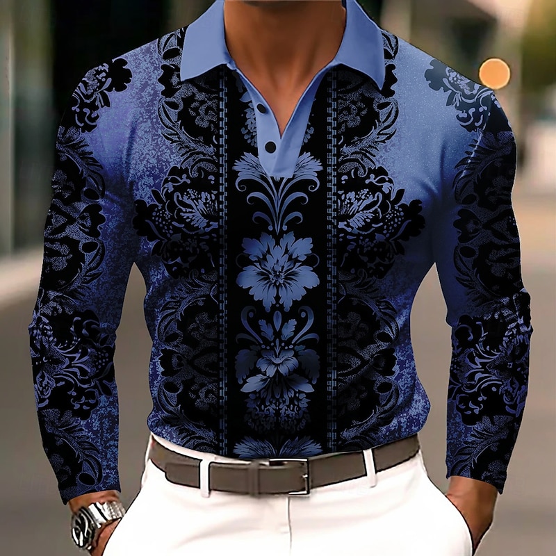 Men's Floral Polo Long Sleeve Polo Shirts Lapel Business Casual Athleisure Daily Wear 3D Print Buttons Spring Fall Winter Blue Purple Green2