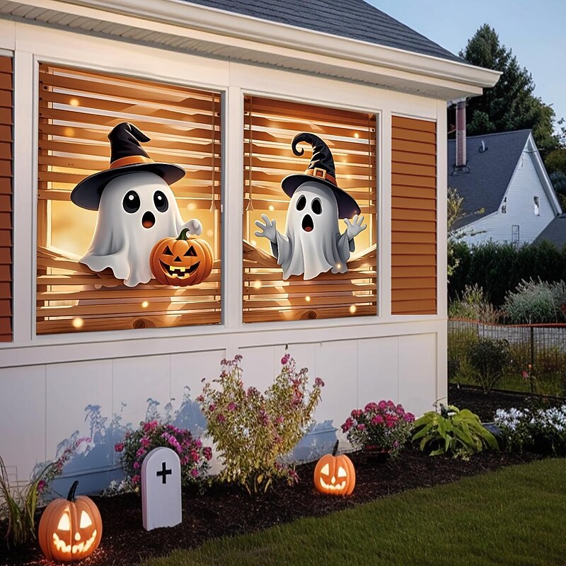 Halloween Hanging Window Cover Pumpkin Ghost Witch Hat Spooky Photo Background Decoration Blanket Curtains for Home Bedroom Living Room Party Holiday Indoor Outdoor Decor4