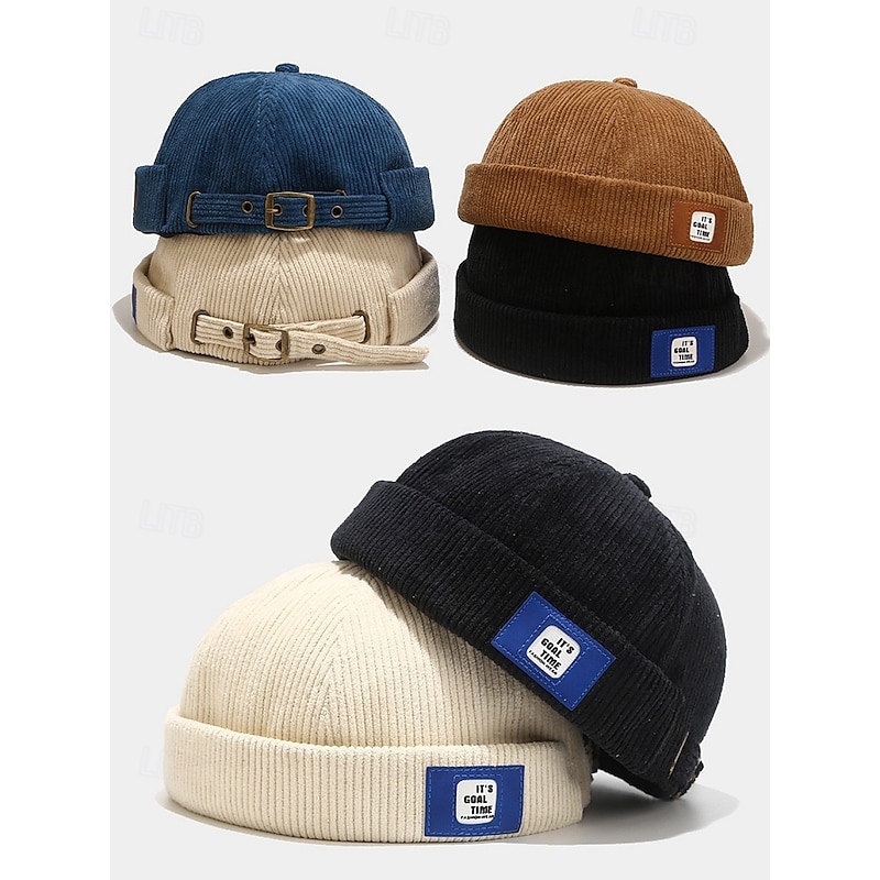 Men's Corduroy Brimless Beanie Hat, Retro Docker Cap with Adjustable Strap, Casual Streetwear Skullcap for Fall and Winter4