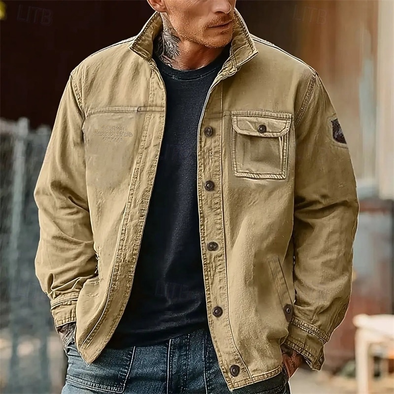 Men's Lightweight Jacket Cargo Jacket Casual Jacket Vacation Daily Wearable Pocket Spring Fall Plain Fashion Classic Lapel Regular Navy Blue Khaki Army Green Jacket