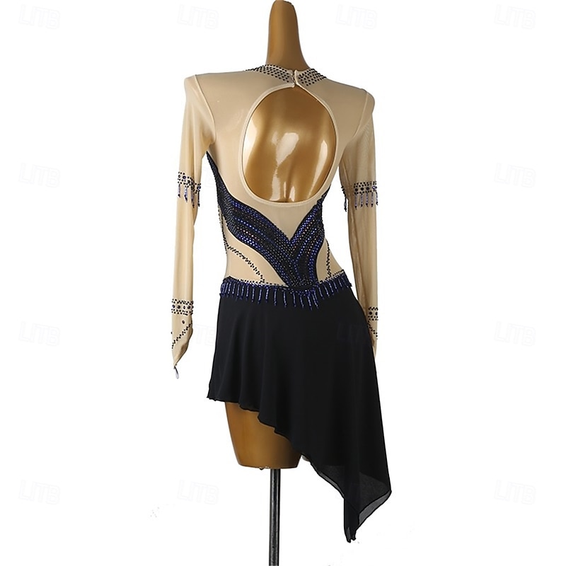 Figure Skating Dress Women's Girls' Ice Skating Dress Black+Blue Patchwork Open Back Mesh Spandex High Elasticity Training Competition Skating Wear Classic Crystal / Rhinestone Long Sleeve Ice4
