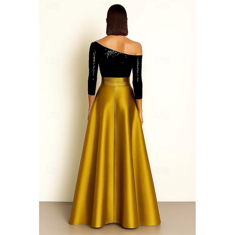 Black and Gold A-Line Evening Gown Elegant Formal Dress Formal Wedding Asymmetrical 3/4 Length Sleeve One Shoulde Stretch Sequin Satin with Ruffles Slit 20253