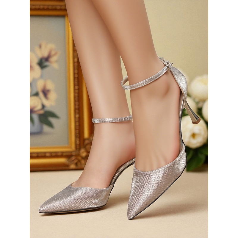 Women's Silver Pointed Toe Stiletto Heels - Elegant Ankle Strap High Heel Pumps for Formal Events and Nightlife Parties