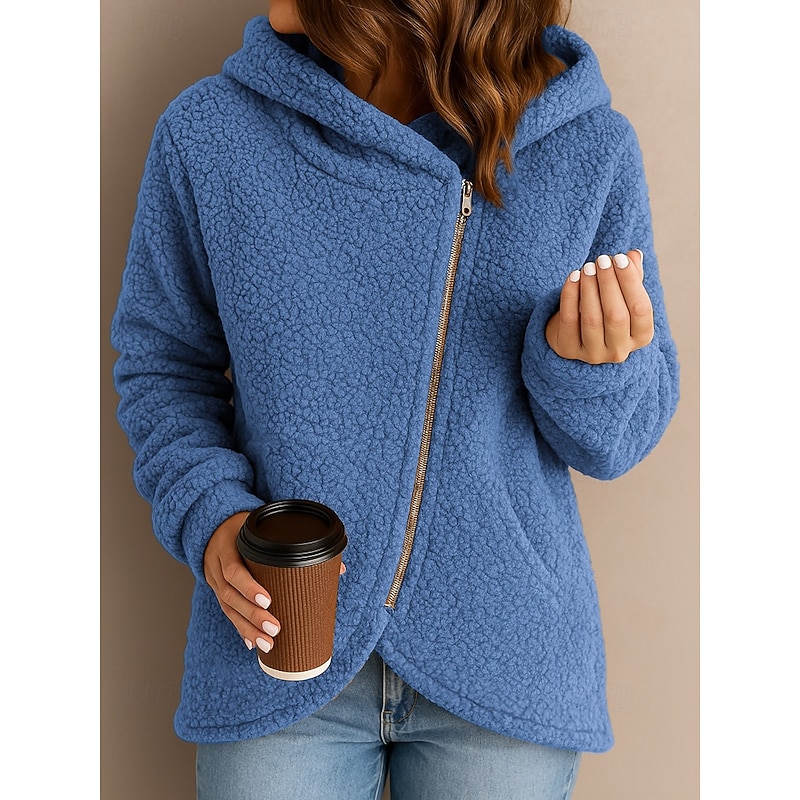 Women's Zip Up Hoodies Teddy Casual Long Sleeve Hooded Regular Tops Zipper Pink Blue Orange Gray Fall Winter2
