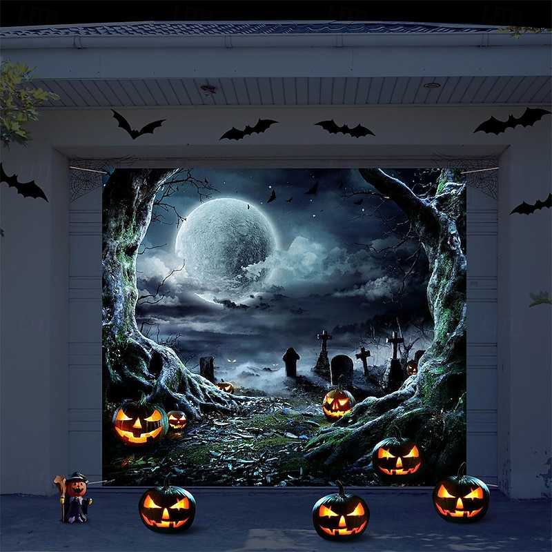 Halloween Garage Door Cover Large Hanging Backdrop Pumpkin Cemetery Dark Punk Gothic Style Party Outdoor Shooting Backgrounds Yard Haunted House Home Decor
