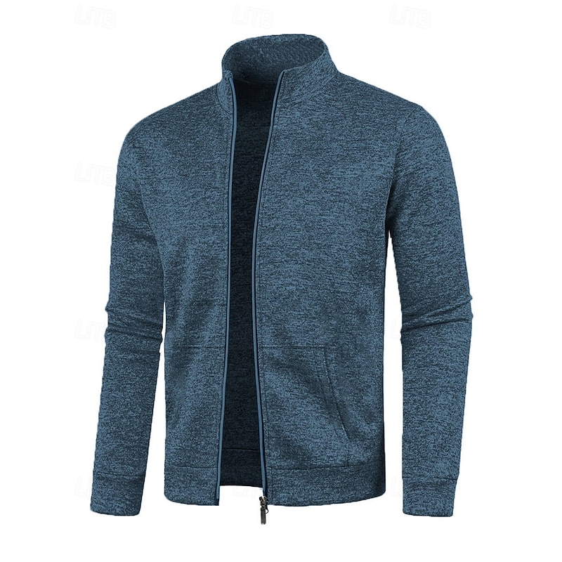 Men's Casual Jacket Sweater Coat Vacation Daily Warm Pocket Fall Winter Plain Fashion Classic Stand Collar Regular Black Navy Blue Blue Gray Jacket