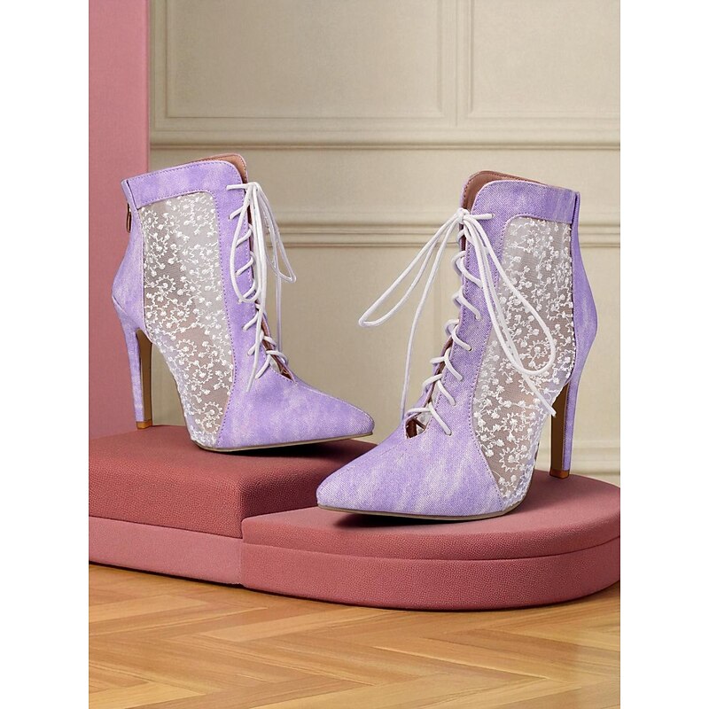 Women's White Lace Mesh Ankle Booties with Stiletto Heels and Side Zipper – Elegant Lace-Up High Heel Shoes for Wedding, Prom and Formal Events2