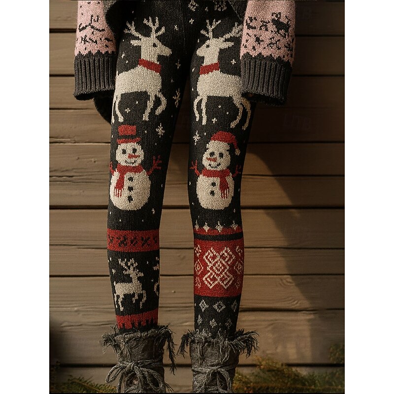 Women's Leggings Vacation Vintage Ethnic Style Full Length High WaistPantsUgly Christmas Graphic Elk Snowman 3D Print Quick Dry Breathability Soft Stretchy Formal Outdoor Vacation Black White Summer