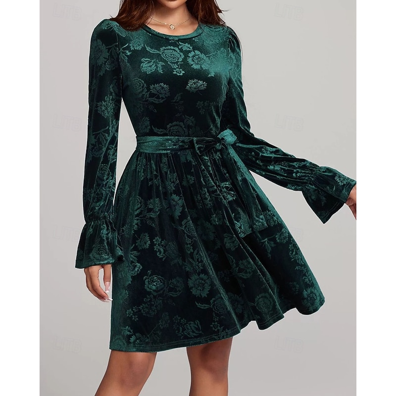 Women's Midi Dress Velvet Dress Cocktail Dress Elegant Fashion Modern Outdoor Party Party Evening Wear Regular Fit Floral Plain Long Sleeve Crew Neck Dark Green Spring Winter Autumn2