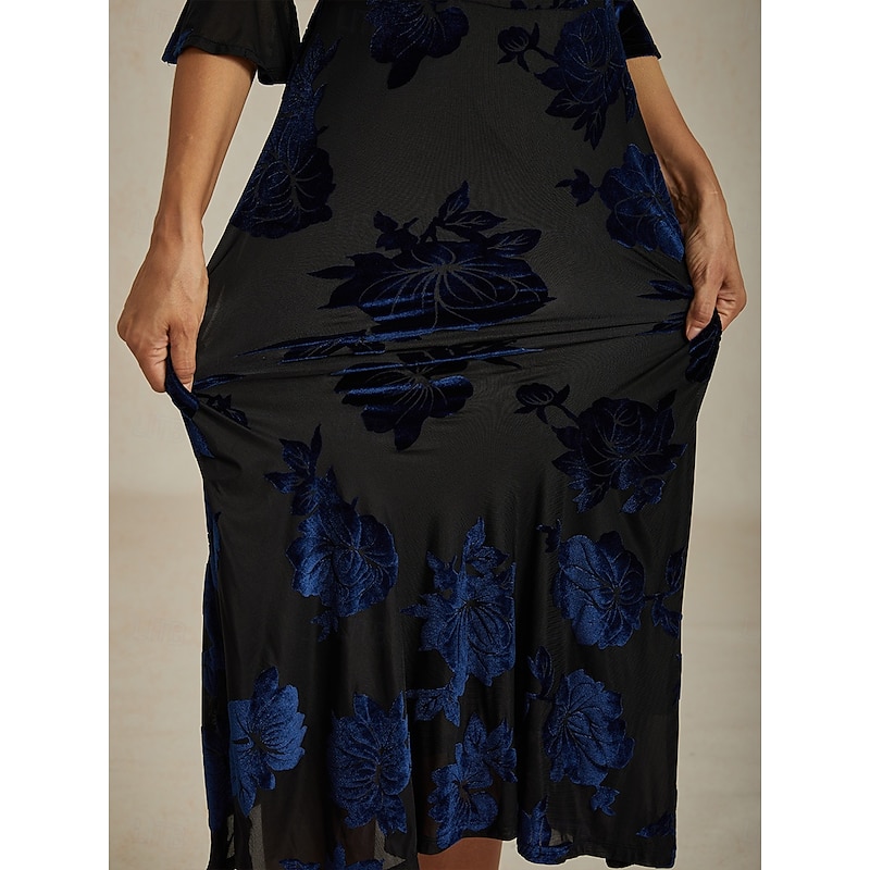 Women's Midi Dress A Line Dress Elegant Birthday Cocktail Wedding Guest Velvet Daily Cocktail Party Regular Fit Floral Half Sleeve V Neck Navy Blue Spring Fall Winter3