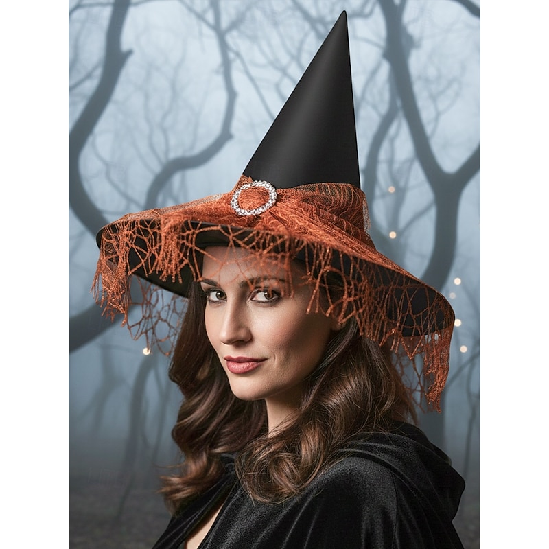 Women's Halloween Witch Hat – Gothic Pointed Hat with Lace and Rhinestone Buckle in Multiple Colors for Costume Party and Cosplay - Main Image