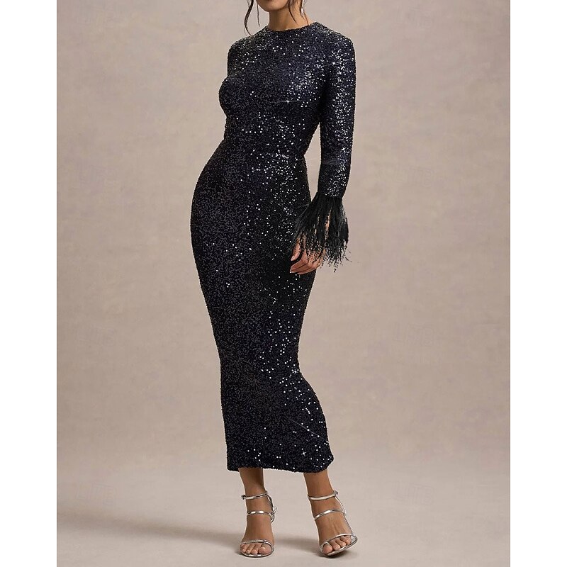 Mermaid / Trumpet Evening Gown Elegant Dress Formal Semi Formal Gala Dress Wedding Floor Length Long Sleeve Crew Neck Stretch Sequined with Feather Sleeve4
