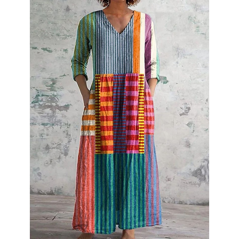 Women's Midi Dress Shift Dress Casual Daily Regular Fit Graphic Geometric Long Sleeve V Neck Yellow Red Blue Orange Spring Fall