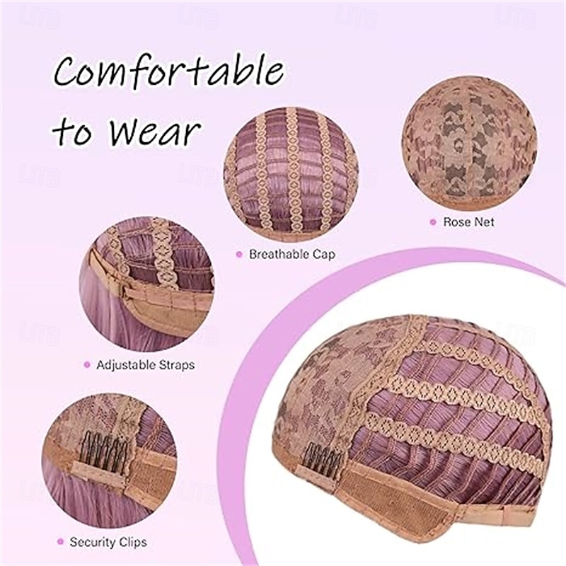 12 Inch Short Bob Pink Mixed Purple Wig with Bangs Colorful Wig for Halloween Daily Cosplay & Party Use Heat Resistant Straight Synthetic Cosplay Party Wigs for Women Purple Pink3