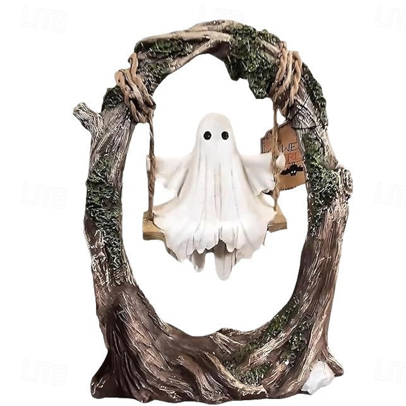 Halloween Cute Cute Ghost Decoration Tree Swing Resin Figurine Spooky Tabletop Desk Ornament, Haunted House Party Decoration, Creepy Mini Statue for Home & Office Decor3