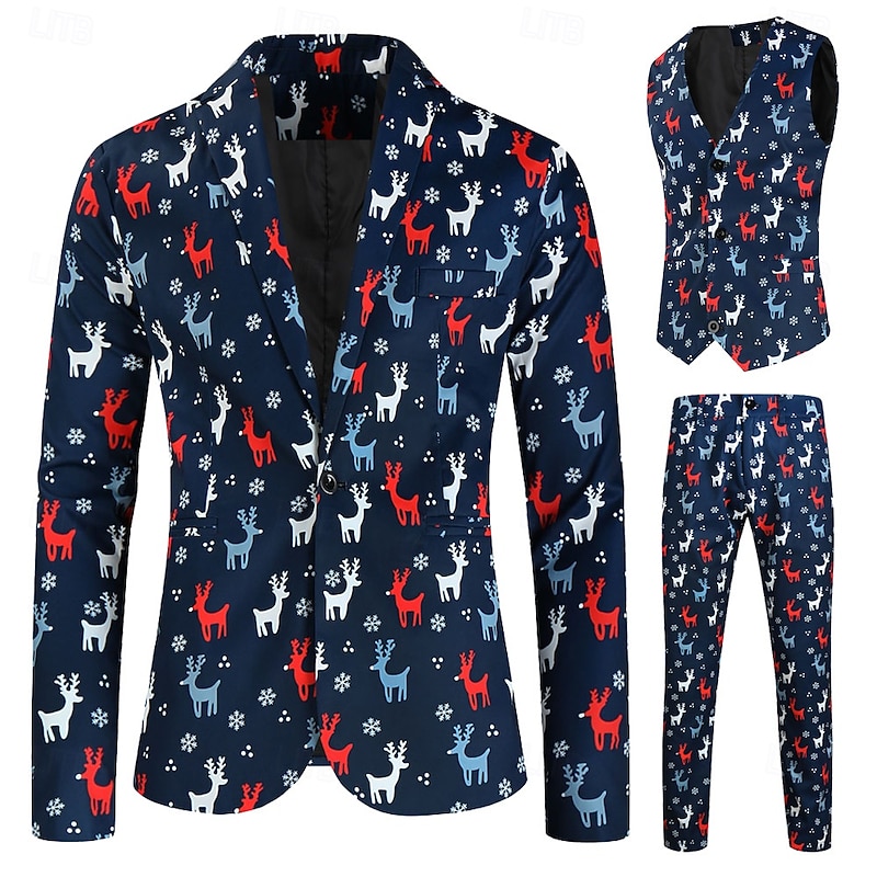 Reindeer Christmas Party Suit Three Piece Suit Blazer Men's Funny Christmas Lights Pattern Fancy Dress Adults Christmas New Year Party Trousers waistcoat Suit2