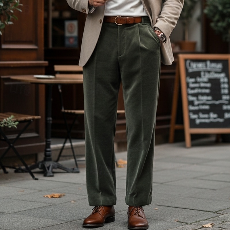 Men's Trousers Dress Pants Velvet Pants Front Pocket Straight Leg Plain Comfort Full Length Outdoor Business Daily Fashion Smart Casual Green Inelastic