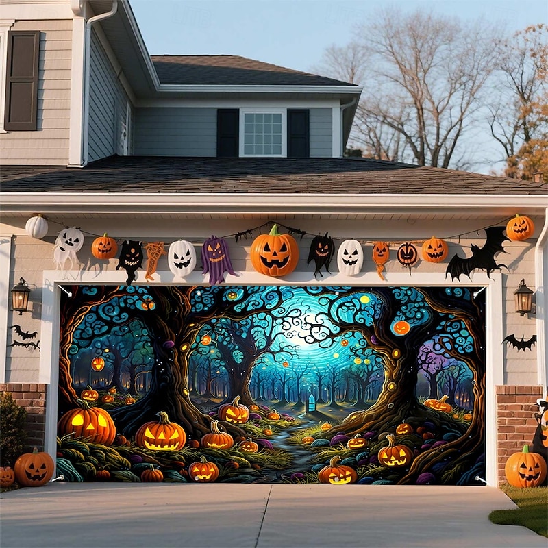 Halloween Tapestry Garage Door Cover Large Hanging Backdrop Pumpkin Cemetery Tree Dark Punk Gothic Style Party Outdoor Shooting Backgrounds Yard Haunted House Home Decor3