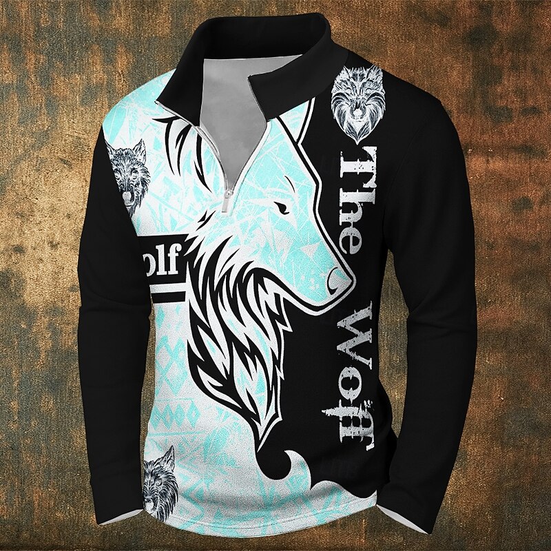 Men's Wolf Sweatshirt Vintage Retro Hunting Zip Outdoor Sports Outdoor Streetwear Black White Fall All Seasons Designer4