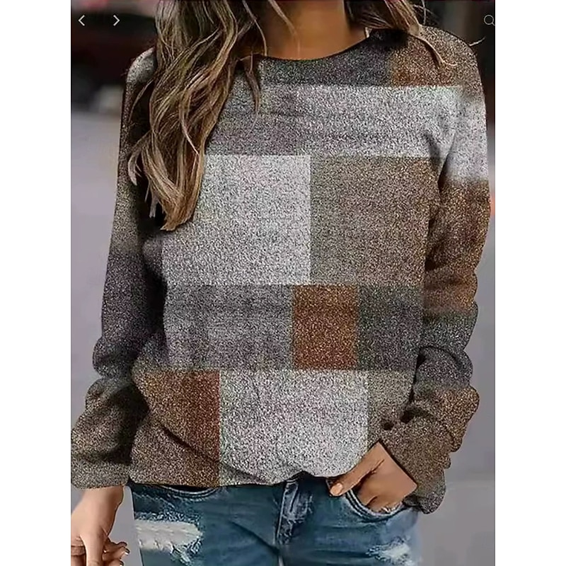 Women's Pullover Sweatshirt Graphic Geometric Plaid Fashion Casual Long Sleeve Round Neck Regular Tops Street Dailywear Casual Print Purple Brown Green Fall Winter