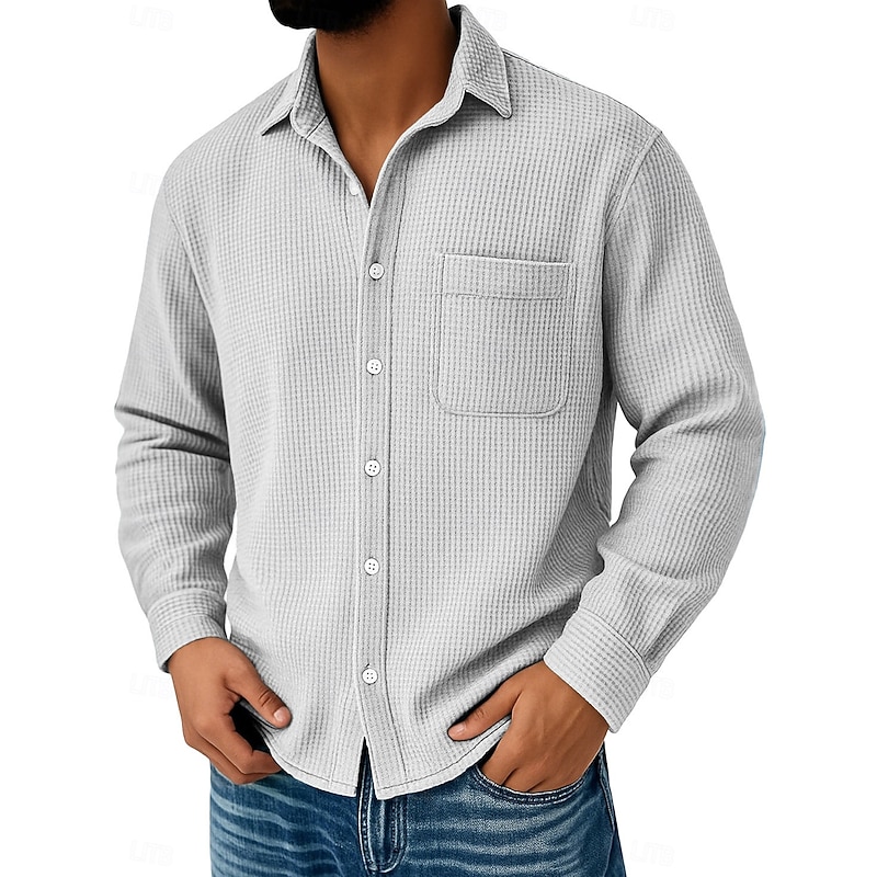 Men's Waffle Shirt Casual Shirt Button Up Shirt Waffle Knit Shirt Black White Wine Navy Blue Blue Long Sleeve Plain Turndown Casual Daily Pocket Clothing Apparel Knitwear Fashion Streetwear Modern4