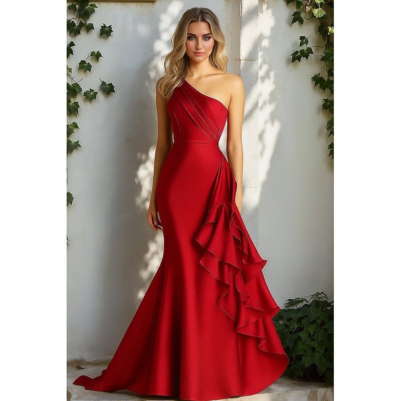 Mermaid / Trumpet Evening Gown Elegant Formal Dress Formal Wedding Sweep / Brush Train Sleeveless One Shoulder Satin with Ruched Ruffles 20254