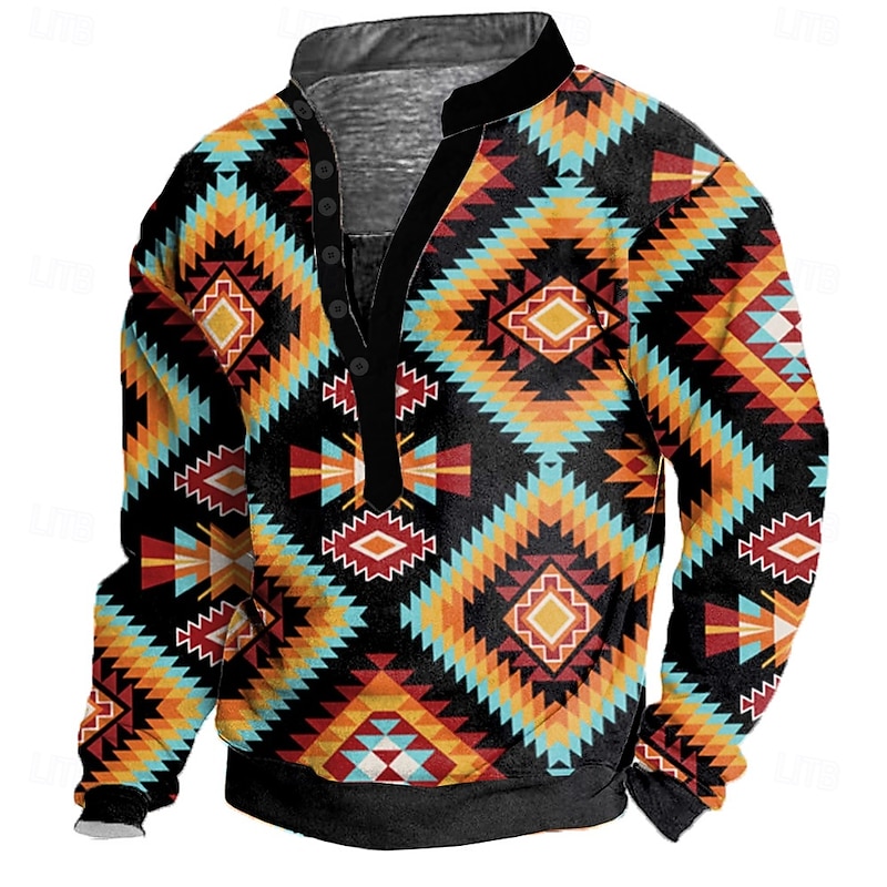 Men's Aztec Sweatshirt Ethnic 3D High Neck Gift Travel Streetwear Yellow Blue Button Front Fall Winter Designer