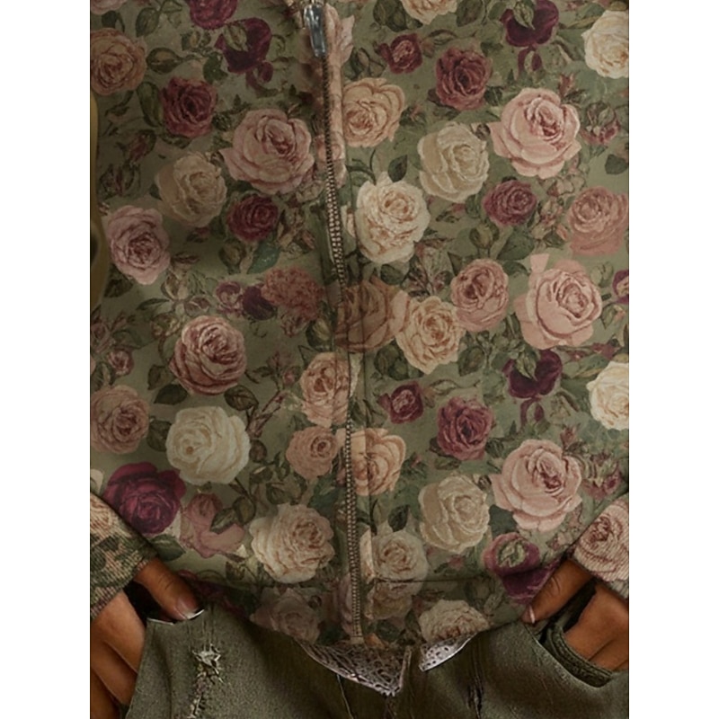 Women's Zip Up Hoodies Pullover Floral Fashion Streetwear Casual Long Sleeve Hooded Regular Tops Dailywear Casual Zipper Print Green Spring Fall Winter3