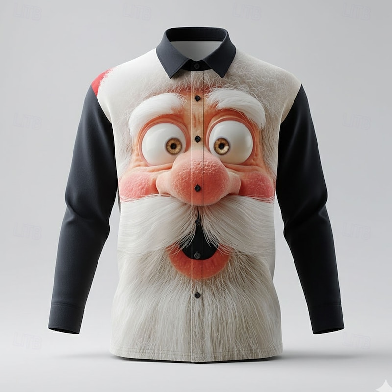 Christmas Men's Santa Claus 3D Cartoon Human face Shirt Button Up Shirt Long Sleeve Funny Outdoor Holiday Spring Fall Turndown 3D Print Collared Shirts Red 1 Black Red2
