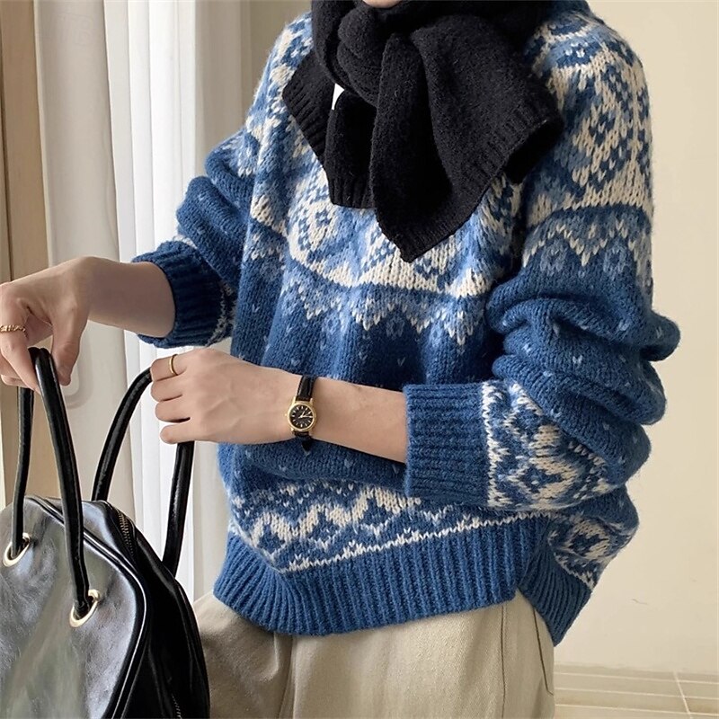 Women's Sweater Fair Isle Sweater Pullover Vintage Fashion Casual Geometric Ribbed Crew Neck Knitted Print Long Sleeve Regular Tops Knit Christmas Outdoor Daily Blue Fall Winter2