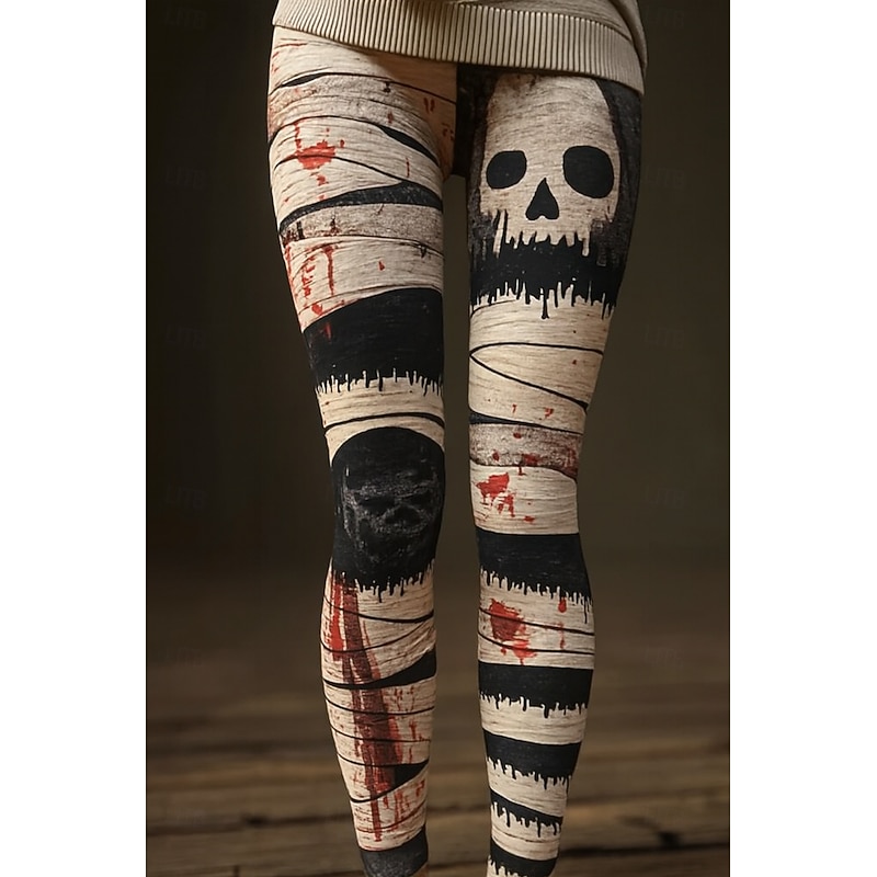 Halloween Women's Leggings Vacation Vintage Ethnic Style Full Length High Waist Graphic Skull 3D Print Quick Dry Breathability Soft Stretchy Formal Outdoor Vacation Black White Red Fall Slim Fit