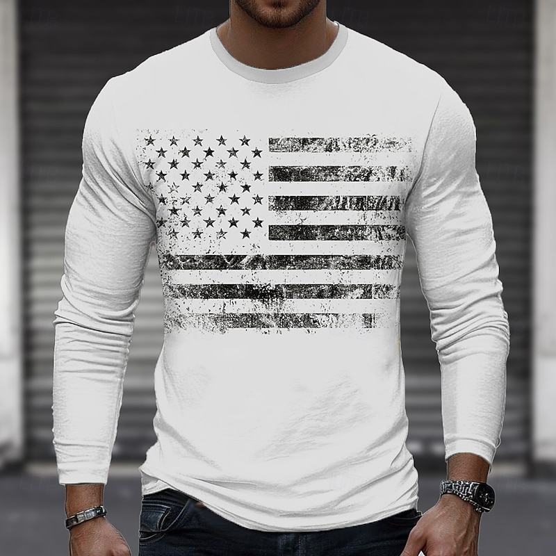 Men's American US Flag T Shirt Long Sleeve T shirt 3D Print Crew Neck Shirt Fashion Outdoor Street Sports Outdoor Black White Blue Summer Spring Clothing Apparel S M L XL XXL XXXL4