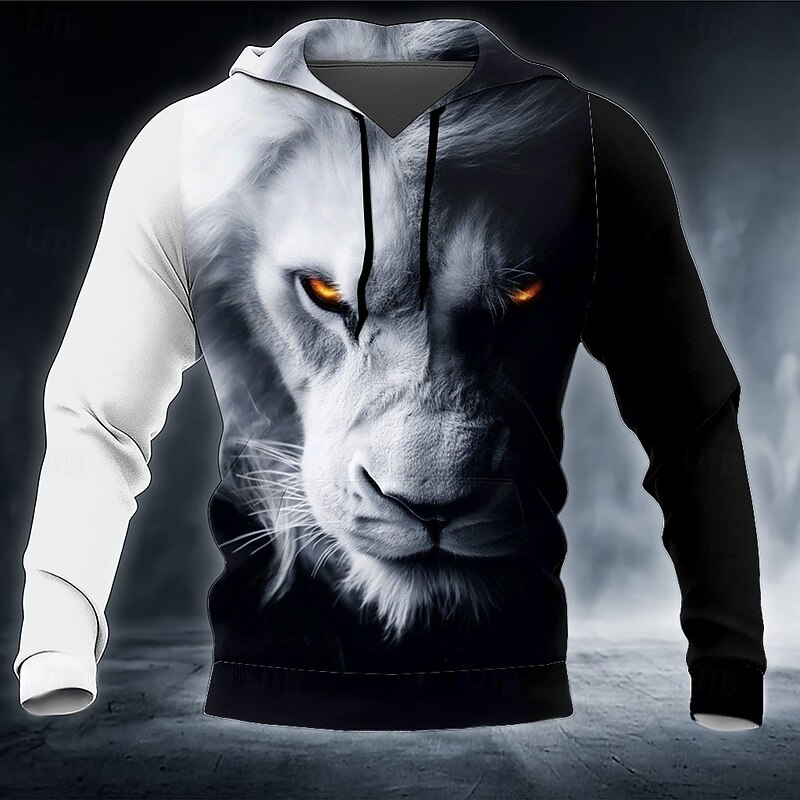 Men's Lion 3D Hoodie Sweatshirt Cool Party Crew Neck Club Streetwear White Red Drawstring Fall Winter Designer