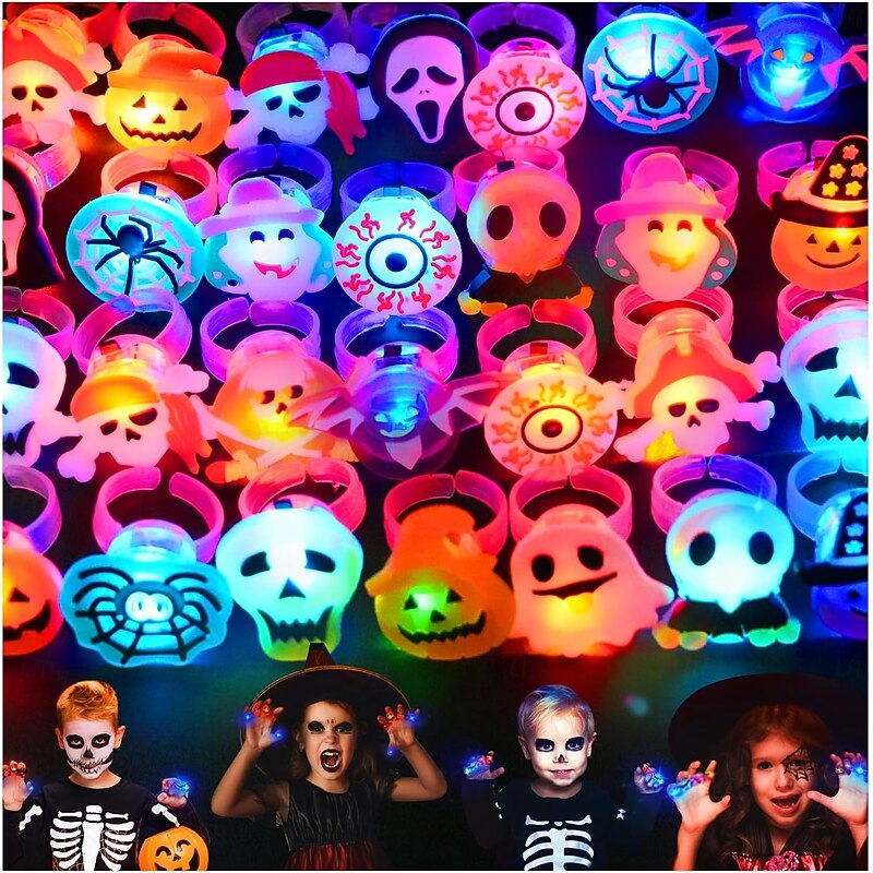 Halloween Light Up Rings 50Pcs Halloween Party Favors for kid Light Up Treat Glowing LED Ring for Kids Adults2