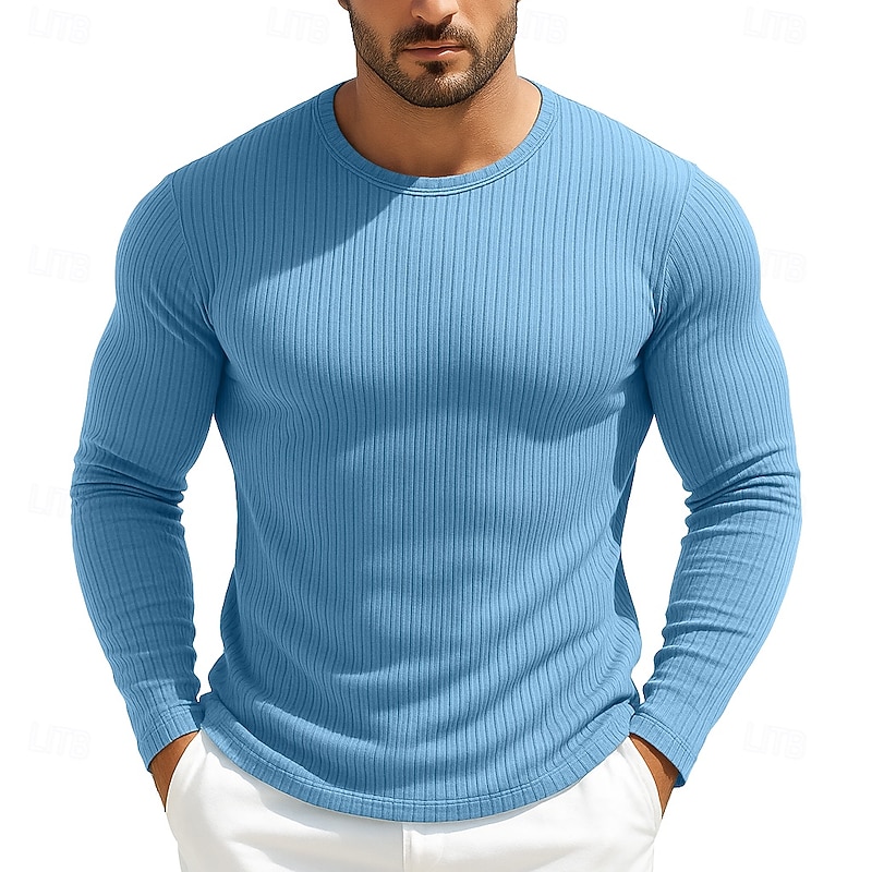 Men's T Shirt Ribbed Knit tee Tee Top Long Sleeve Shirt Long Sleeve Crew Neck Spring Fall All Seasons Plain Textured Pit Strip Fashion Designer Basic Knitting Vacation Street Casual Black Blue Purple