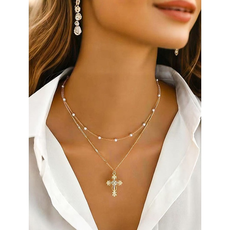 Women's Christmas Cross Necklace, Layered Gold Chain with Pearl and Rhinestone Pendant, Elegant Holiday Jewelry for Party, Wedding and Gift Giving2