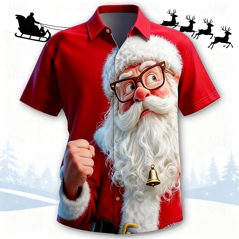 Christmas Men's Santa Claus Human face funny christmas Shirt Button Up Shirt Short Sleeve Funny Outdoor Holiday Summer Spring Turndown 3D Print Collared Shirts Red 1 Red 4 Red 3 Light Red Red3