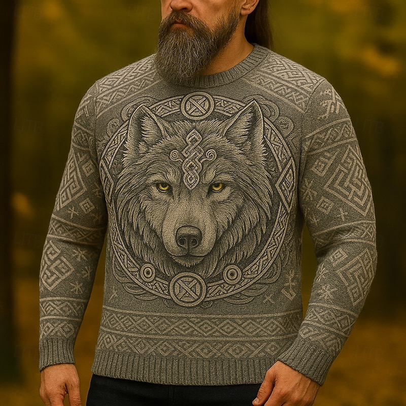 Men's Animal Wolf Viking Pullover Sweater Jumper Knitwear Crewneck Retro Vintage Casual Vacation Daily 3D Print Keep Warm Long Sleeve Spring Fall Winter Black Dark Gray Gray2