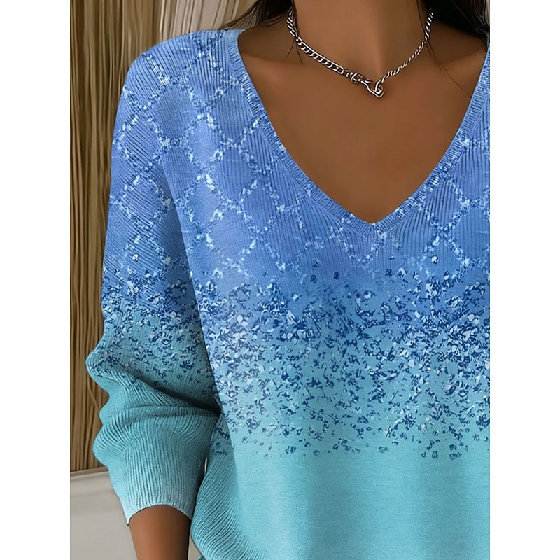 Women's Sweater Pullover Fashion Streetwear Casual Graphic Geometric Color Gradient V Neck Oversized Knitted Long Sleeve Regular Tops Knit Outdoor Daily Blue Spring Fall2