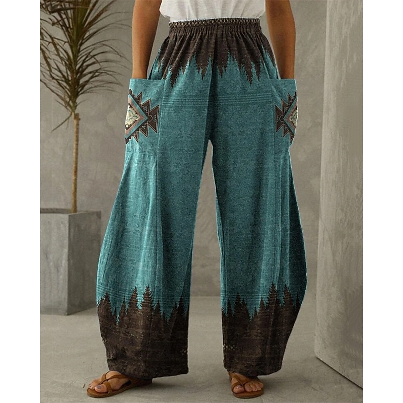 Women's Wide Leg Pants Trousers Vacation Ethnic Style Boho Full Length High Waist Graphic Color Block Pocket Elastic Waistband Print Comfy Breathability Stretchy Vacation Casual Daily Peacock Blue