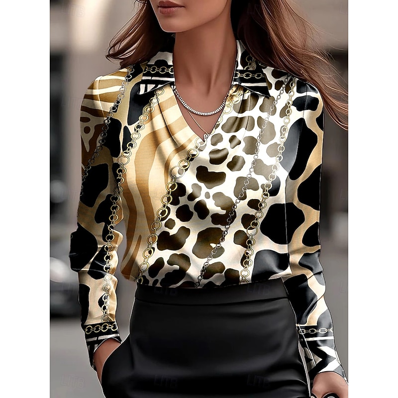 Women's Shirt Graphic Leopard Geometric Elegant Stylish Casual Long Sleeve Cowl Neck V Neck Regular Tops Work Party Evening Wear Daily Ruched Draped Black Light Brown Brown Fall Winter