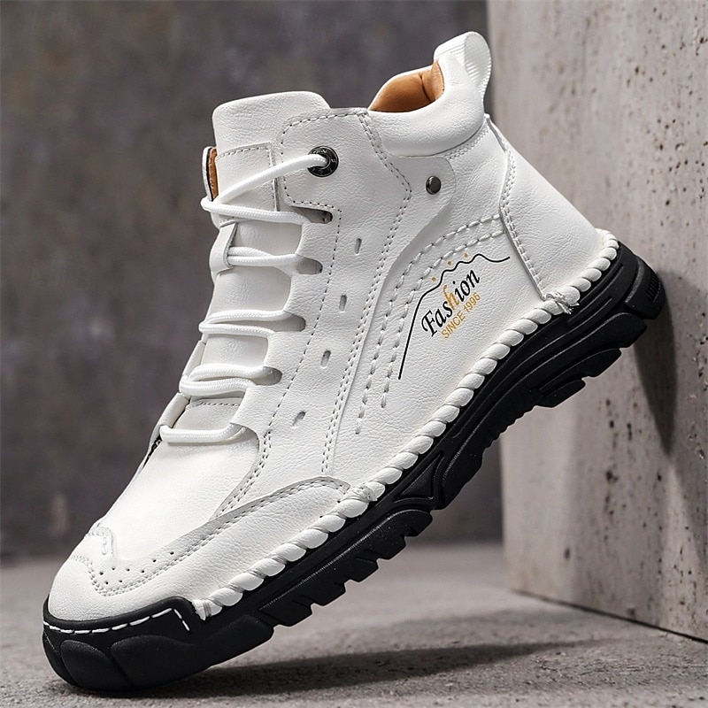Men's White Handmade Casual Boots with Lace-Up Design, Non-Slip Sole and Lightweight Comfort, Stylish Streetwear Boots for Daily Wear and Travel
