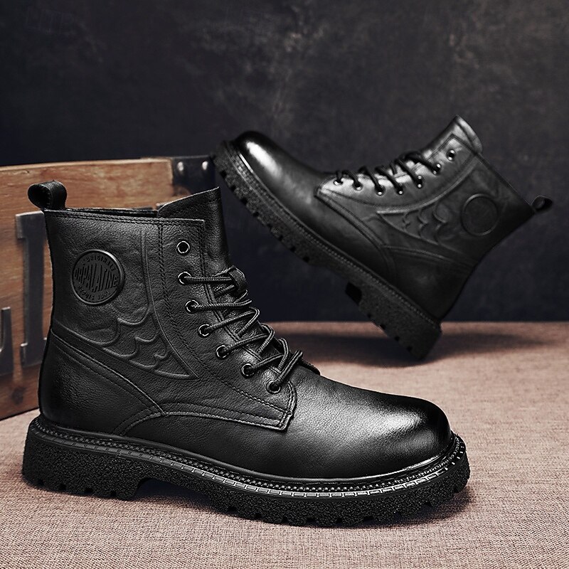Black Faux Leather Men's Lace-Up Boots with Rounded Toe, Metal Button Detail, and Heavy-Duty Sole – A Must-Have for Motorcycle Riders, Rock Lovers, Casual Fashion and Street Style4
