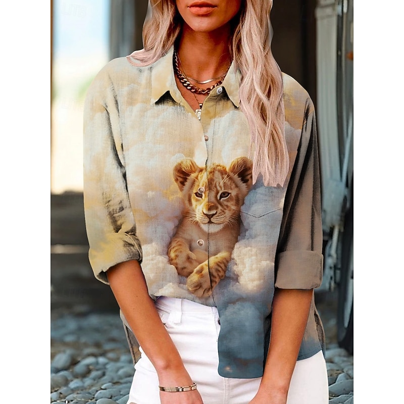 Women's Shirt Animal Active Daily Stylish Long Sleeve Shirt Collar Regular Tops Daily Holiday Buttons Print Khaki Summer Spring Fall