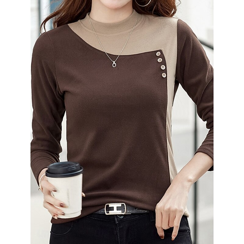 Women's Blouse Geometric Stylish Casual Long Sleeve High Neck Regular Tops Daily Patchwork Black Brown Gray Spring Fall Winter4