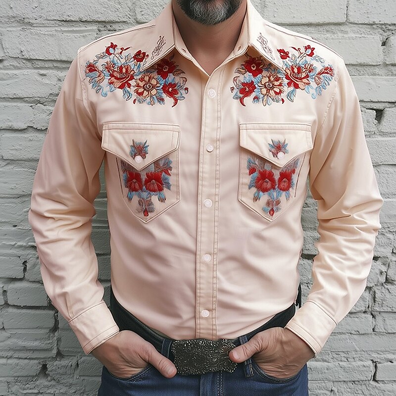 Men's Floral Print Flowers Shirt Western Shirt Cowboy Shirt Long Sleeve Vintage Retro Outdoor Casual WorkWear Spring Fall Turndown Front Two Pockets Linen Like Shirt Button Up Shirts Yellow Pink Blue3