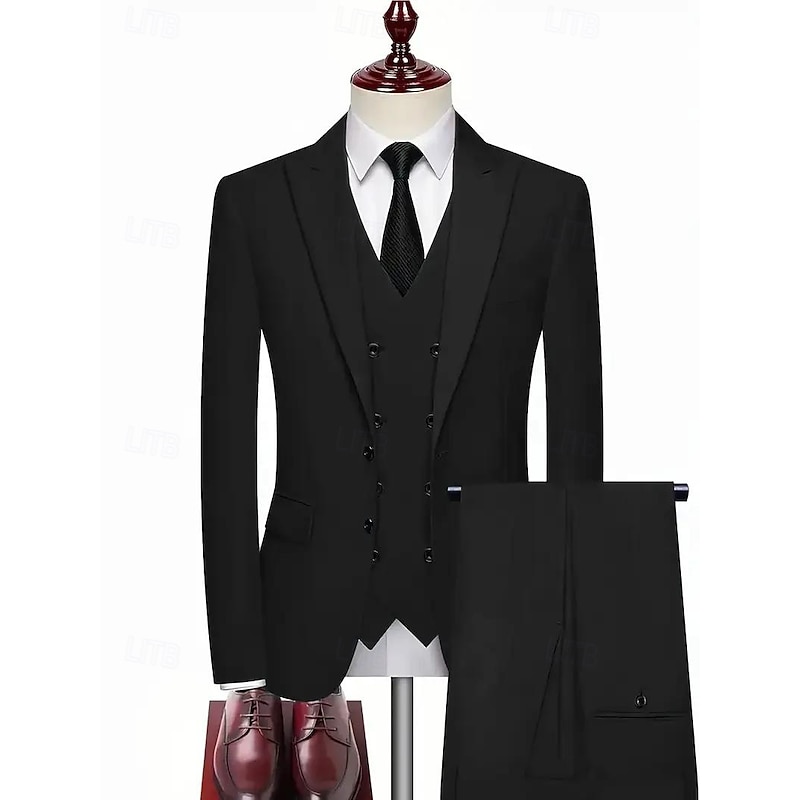 Men's Wedding Casual Party Suits Peaked Lapel Black Dark Blue Formal Solid Colored Tailored Fit 3 Piece Single Breasted Two-buttons2
