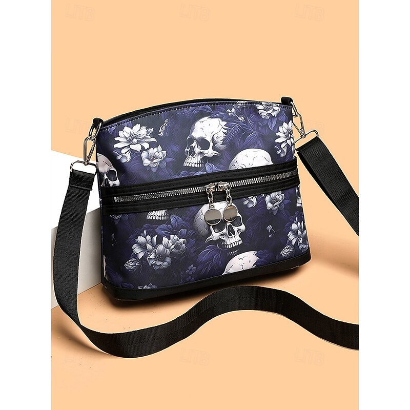 Women's Skull Print Crossbody Shoulder Bag – Gothic Floral Pattern, Casual Faux Leather Handbag for Halloween Party and Daily Use
